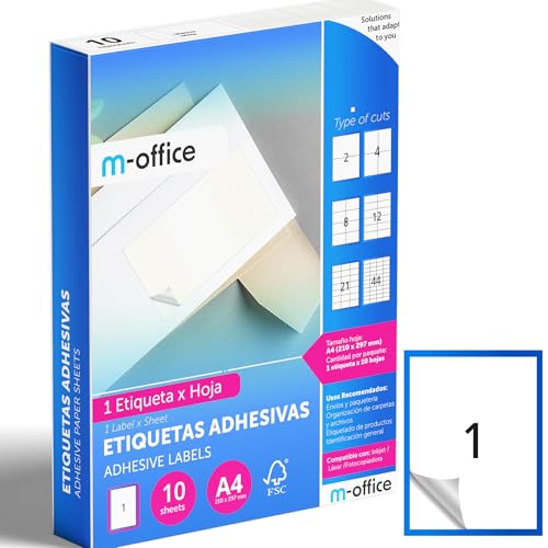 M-office Klebeetiketten zum Beschriften – Selbstklebende Etiketten zum Bedrucken, spülmaschinenfest, ideal für Haushalt und Gewerbe (1 Etikett pro Blatt, 10 Blatt) von m-office