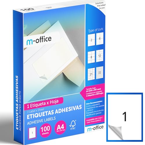 M-office Klebeetiketten zum Beschriften – Selbstklebende Etiketten zum Bedrucken, spülmaschinenfest, ideal für Haushalt und Gewerbe (1 Etikett pro Blatt, 100 Blatt) von m-office