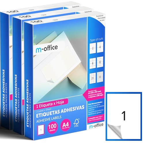 M-office Klebeetiketten zum Beschriften – Selbstklebende Etiketten zum Bedrucken, spülmaschinenfest, ideal für Haushalt und Gewerbe (1 Etikett pro Blatt, 300 Blatt) von m-office