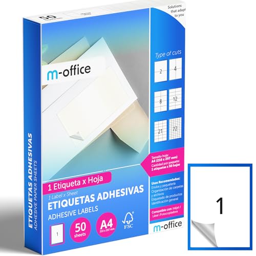 M-office Klebeetiketten zum Beschriften – Selbstklebende Etiketten zum Bedrucken, spülmaschinenfest, ideal für Haushalt und Gewerbe (1 Etikett pro Blatt, 50 Blatt) von m-office