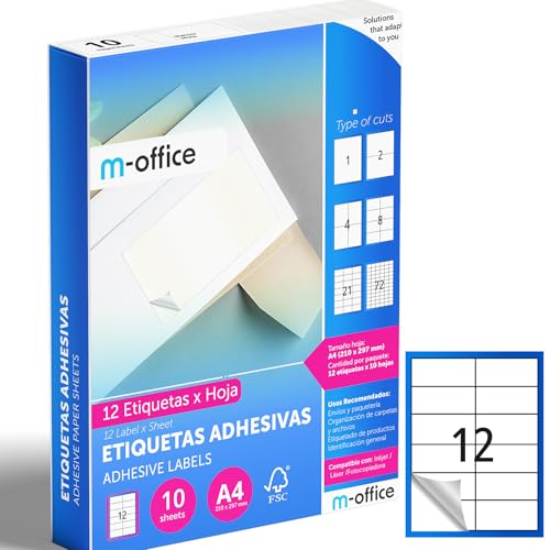 M-office Klebeetiketten zum Beschriften – Selbstklebende Etiketten zum Bedrucken, spülmaschinenfest, ideal für Haushalt und Gewerbe (12 Etiketten pro Blatt, 10 Blatt) von m-office