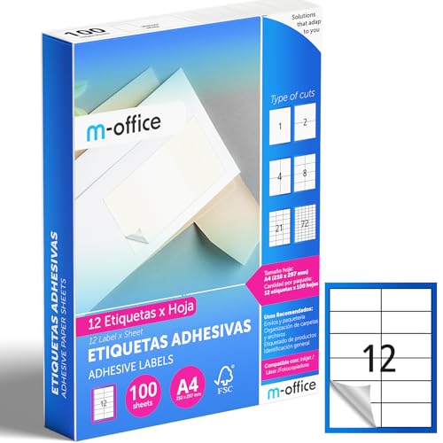 M-office Klebeetiketten zum Beschriften – Selbstklebende Etiketten zum Bedrucken, spülmaschinenfest, ideal für Haushalt und Gewerbe (12 Etiketten pro Blatt, 100 Blatt) von m-office