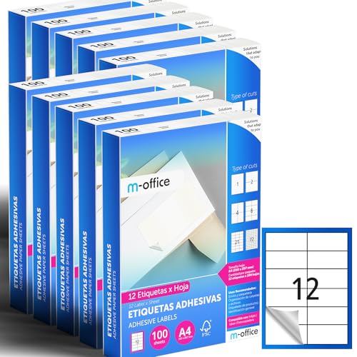M-office Klebeetiketten zum Beschriften – Selbstklebende Etiketten zum Bedrucken, spülmaschinenfest, ideal für Haushalt und Gewerbe (12 Etiketten pro Blatt, 1000 Blatt) von m-office