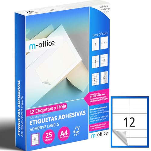M-office Klebeetiketten zum Beschriften – Selbstklebende Etiketten zum Bedrucken, spülmaschinenfest, ideal für Haushalt und Gewerbe (12 Etiketten pro Blatt, 25 Blatt) von m-office