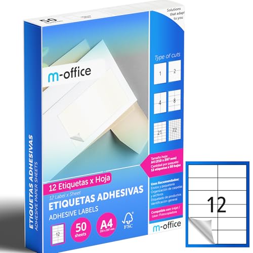 M-office Klebeetiketten zum Beschriften – Selbstklebende Etiketten zum Bedrucken, spülmaschinenfest, ideal für Haushalt und Gewerbe (12 Etiketten pro Blatt, 50 Blatt) von m-office