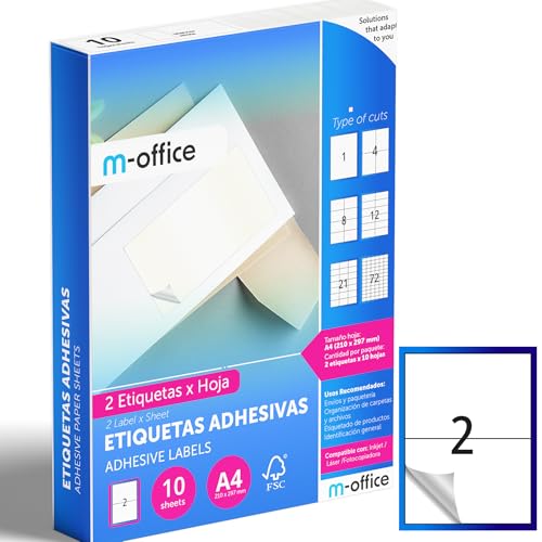 M-office Klebeetiketten zum Beschriften – Selbstklebende Etiketten zum Bedrucken, spülmaschinenfest, ideal für Haushalt und Gewerbe (2 Etiketten pro Blatt, 10 Blatt) von m-office