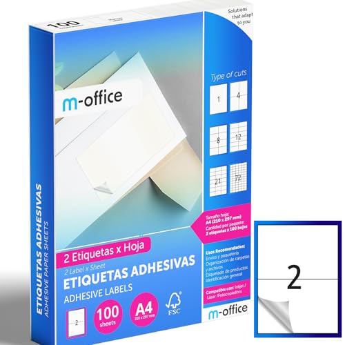 M-office Klebeetiketten zum Beschriften – Selbstklebende Etiketten zum Bedrucken, spülmaschinenfest, ideal für Haushalt und Gewerbe (2 Etiketten pro Blatt, 100 Blatt) von m-office
