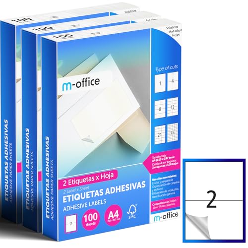 M-office Klebeetiketten zum Beschriften – Selbstklebende Etiketten zum Bedrucken, spülmaschinenfest, ideal für Haushalt und Gewerbe (2 Etiketten pro Blatt, 300 Blatt) von m-office