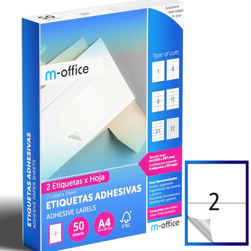M-office Klebeetiketten zum Beschriften – Selbstklebende Etiketten zum Bedrucken, spülmaschinenfest, ideal für Haushalt und Gewerbe (2 Etiketten pro Blatt, 50 Blatt) von m-office