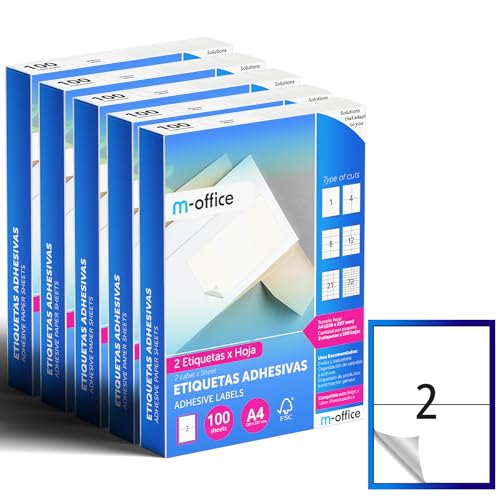 M-office Klebeetiketten zum Beschriften – Selbstklebende Etiketten zum Bedrucken, spülmaschinenfest, ideal für Haushalt und Gewerbe (2 Etiketten pro Blatt, 500 Blatt) von m-office