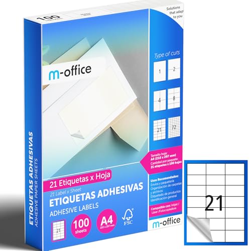 M-office Klebeetiketten zum Beschriften – Selbstklebende Etiketten zum Bedrucken, spülmaschinenfest, ideal für Haushalt und Gewerbe (21 Etiketten pro Blatt, 100 Blatt) von m-office