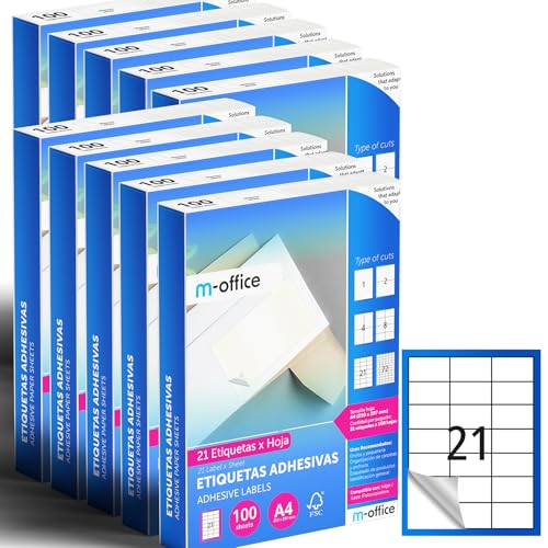 M-office Klebeetiketten zum Beschriften – Selbstklebende Etiketten zum Bedrucken, spülmaschinenfest, ideal für Haushalt und Gewerbe (21 Etiketten pro Blatt, 1000 Blatt) von m-office