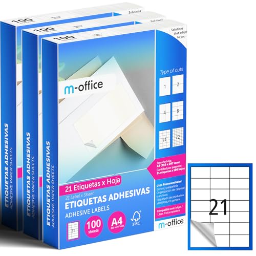 M-office Klebeetiketten zum Beschriften – Selbstklebende Etiketten zum Bedrucken, spülmaschinenfest, ideal für Haushalt und Gewerbe (21 Etiketten pro Blatt, 300 Blatt) von m-office