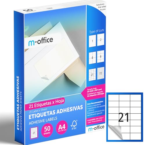 M-office Klebeetiketten zum Beschriften – Selbstklebende Etiketten zum Bedrucken, spülmaschinenfest, ideal für Haushalt und Gewerbe (21 Etiketten pro Blatt, 50 Blatt) von m-office
