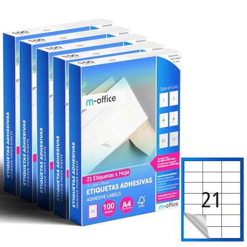 M-office Klebeetiketten zum Beschriften – Selbstklebende Etiketten zum Bedrucken, spülmaschinenfest, ideal für Haushalt und Gewerbe (21 Etiketten pro Blatt, 500 Blatt) von m-office
