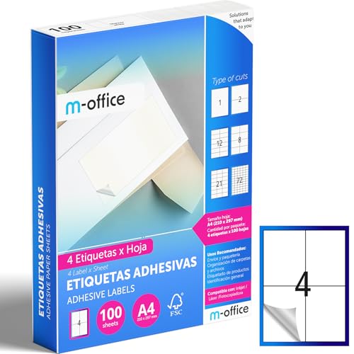 M-office Klebeetiketten zum Beschriften – Selbstklebende Etiketten zum Bedrucken, spülmaschinenfest, ideal für Haushalt und Gewerbe (4 Etiketten pro Blatt, 100 Blatt) von m-office