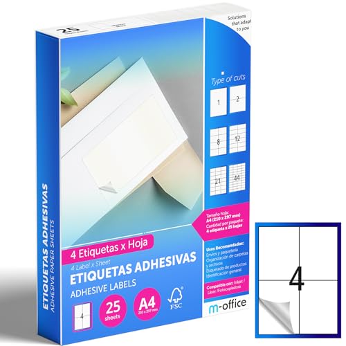 M-office Klebeetiketten zum Beschriften – Selbstklebende Etiketten zum Bedrucken, spülmaschinenfest, ideal für Haushalt und Gewerbe (4 Etiketten pro Blatt, 25 Blatt) von m-office