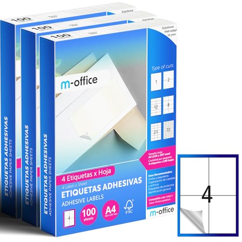 M-office Klebeetiketten zum Beschriften – Selbstklebende Etiketten zum Bedrucken, spülmaschinenfest, ideal für Haushalt und Gewerbe (4 Etiketten pro Blatt, 300 Blatt) von m-office