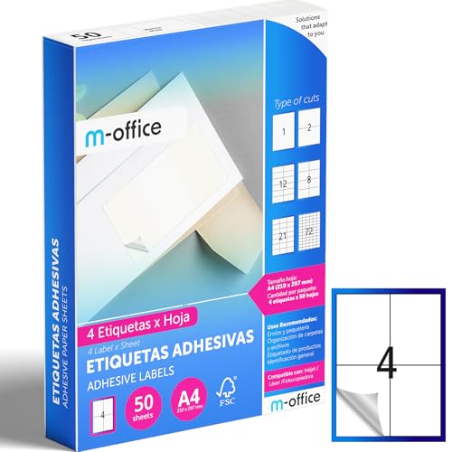M-office Klebeetiketten zum Beschriften – Selbstklebende Etiketten zum Bedrucken, spülmaschinenfest, ideal für Haushalt und Gewerbe (4 Etiketten pro Blatt, 50 Blatt) von m-office