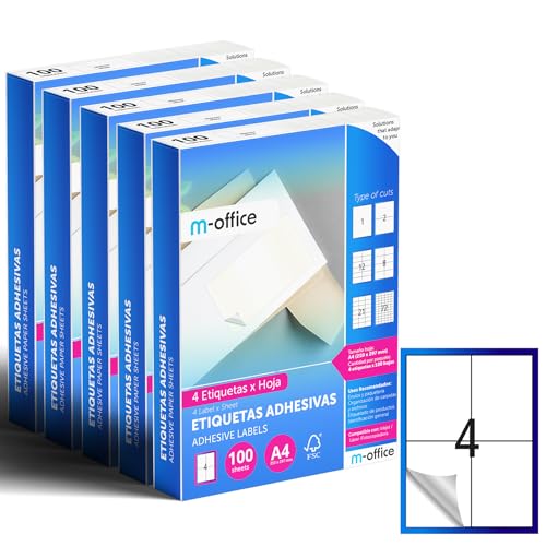 M-office Klebeetiketten zum Beschriften – Selbstklebende Etiketten zum Bedrucken, spülmaschinenfest, ideal für Haushalt und Gewerbe (4 Etiketten pro Blatt, 500 Blatt) von m-office
