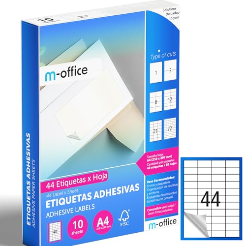 M-office Klebeetiketten zum Beschriften – Selbstklebende Etiketten zum Bedrucken, spülmaschinenfest, ideal für Haushalt und Gewerbe (44 Etiketten pro Blatt, 10 Blatt) von m-office