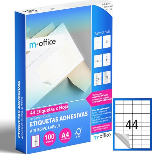 M-office Klebeetiketten zum Beschriften – Selbstklebende Etiketten zum Bedrucken, spülmaschinenfest, ideal für Haushalt und Gewerbe (44 Etiketten pro Blatt, 100 Blatt) von m-office