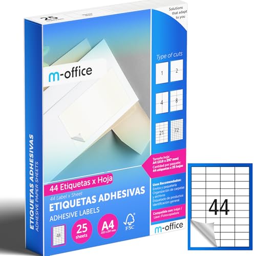 M-office Klebeetiketten zum Beschriften – Selbstklebende Etiketten zum Bedrucken, spülmaschinenfest, ideal für Haushalt und Gewerbe (44 Etiketten pro Blatt, 25 Blatt) von m-office
