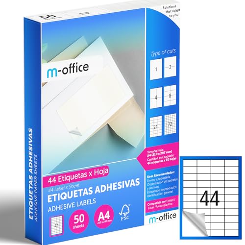 M-office Klebeetiketten zum Beschriften – Selbstklebende Etiketten zum Bedrucken, spülmaschinenfest, ideal für Haushalt und Gewerbe (44 Etiketten pro Blatt, 50 Blatt) von m-office
