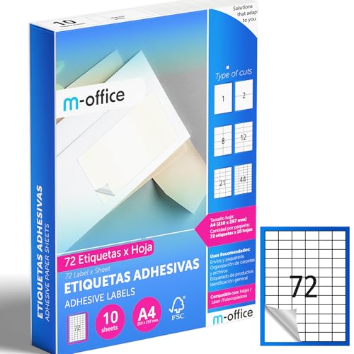 M-office Klebeetiketten zum Beschriften – Selbstklebende Etiketten zum Bedrucken, spülmaschinenfest, ideal für Haushalt und Gewerbe (72 Etiketten pro Blatt, 10 Blatt) von m-office