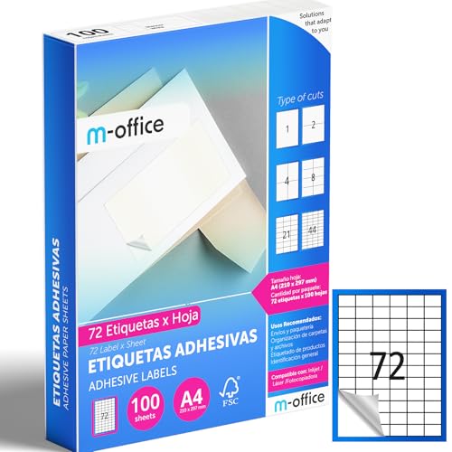 M-office Klebeetiketten zum Beschriften – Selbstklebende Etiketten zum Bedrucken, spülmaschinenfest, ideal für Haushalt und Gewerbe (72 Etiketten pro Blatt, 100 Blatt) von m-office