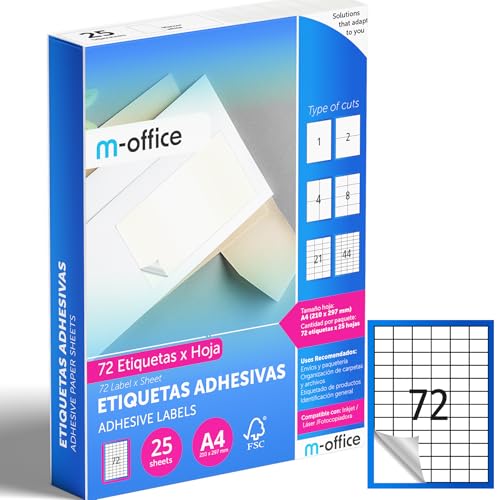 M-office Klebeetiketten zum Beschriften – Selbstklebende Etiketten zum Bedrucken, spülmaschinenfest, ideal für Haushalt und Gewerbe (72 Etiketten pro Blatt, 25 Blatt) von m-office