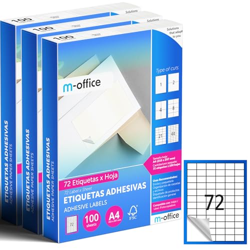 M-office Klebeetiketten zum Beschriften – Selbstklebende Etiketten zum Bedrucken, spülmaschinenfest, ideal für Haushalt und Gewerbe (72 Etiketten pro Blatt, 300 Blatt) von m-office