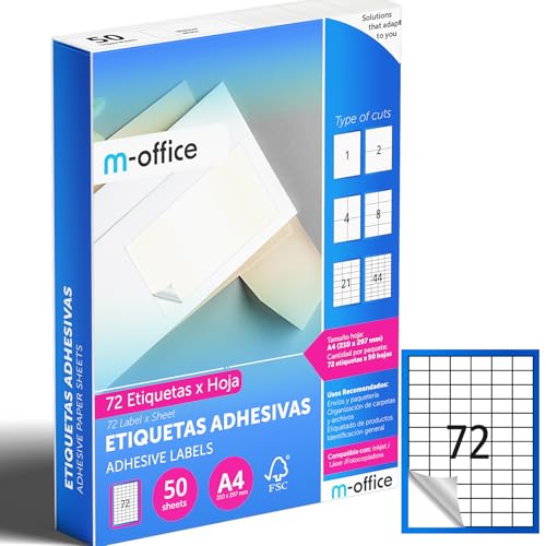 M-office Klebeetiketten zum Beschriften – Selbstklebende Etiketten zum Bedrucken, spülmaschinenfest, ideal für Haushalt und Gewerbe (72 Etiketten pro Blatt, 50 Blatt) von m-office