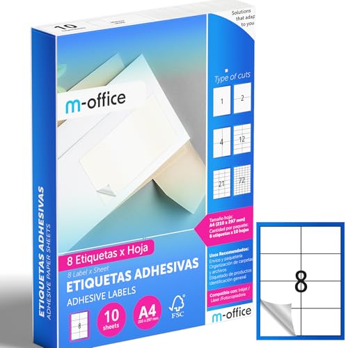 M-office Klebeetiketten zum Beschriften – Selbstklebende Etiketten zum Bedrucken, spülmaschinenfest, ideal für Haushalt und Gewerbe (8 Etiketten pro Blatt, 10 Blatt) von m-office