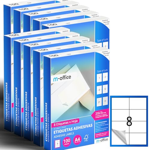 M-office Klebeetiketten zum Beschriften – Selbstklebende Etiketten zum Bedrucken, spülmaschinenfest, ideal für Haushalt und Gewerbe (8 Etiketten pro Blatt, 1000 Blatt) von m-office