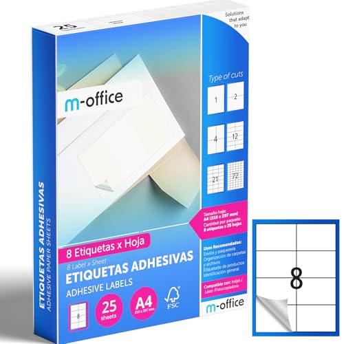 M-office Klebeetiketten zum Beschriften – Selbstklebende Etiketten zum Bedrucken, spülmaschinenfest, ideal für Haushalt und Gewerbe (8 Etiketten pro Blatt, 25 Blatt) von m-office