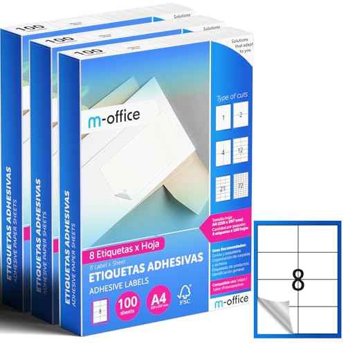 M-office Klebeetiketten zum Beschriften – Selbstklebende Etiketten zum Bedrucken, spülmaschinenfest, ideal für Haushalt und Gewerbe (8 Etiketten pro Blatt, 300 Blatt) von m-office