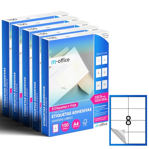 M-office Klebeetiketten zum Beschriften – Selbstklebende Etiketten zum Bedrucken, spülmaschinenfest, ideal für Haushalt und Gewerbe (8 Etiketten pro Blatt, 500 Blatt) von m-office