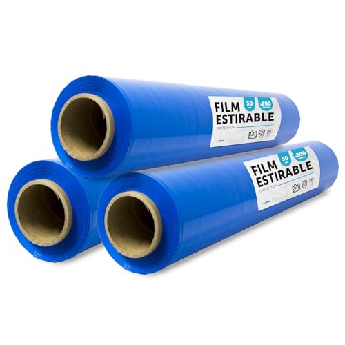 Verpackungsfolie, Kunststoff, blau, für Verpackung von Umzugskartons, zum Schutz von Möbeln und Lieferungen, Maße 50 cm x 200 m, dehnbar, m-office (Blau, 3 Stück) von m-office