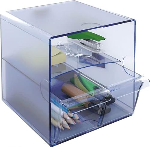 m-office Kali Modularer Organizer, stapelbar, aus transparentem Polystyrol, mit 2 kleinen Schubladen und 1 Fach (Blau transparent) von m-office