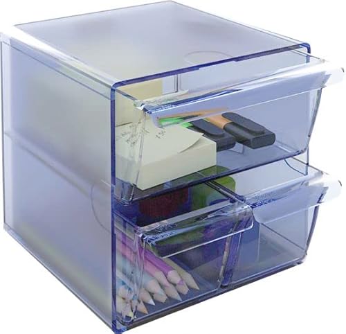 m-office Kali Modularer Organizer, stapelbar, aus transparentem Polystyrol, mit 2 kleinen Schubladen und 1 großen Schubladen (Blau transparent) von m-office