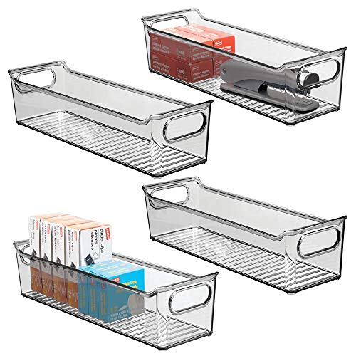 mDesign 4er-Set Aufbewahrungsbox mit integrierten Griffen – zur Aufbewahrung von Küchen-, Badezimmer- oder Büroutensilien – Kunststoffbox für die Schreibtischablage – rauchgrau von mDesign