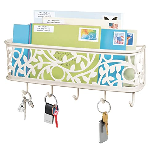 mDesign praktische Briefablage mit Korb für Flur und Küche – kompaktes Schlüsselboard mit 1 Fach für Post und 5 Haken – wandmontiertes Schlüsselbrett aus Metall – cremefarben/beige von mDesign