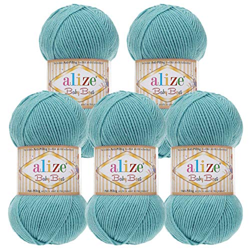 5 x 100g Strickgarn ALIZE Baby Best uni Babywolle Wolle Antipilling 44 Farben, Farbe:164 azure blau von maDDma Alize Baby Best