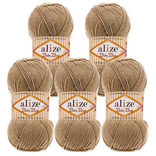 5 x 100g Strickgarn ALIZE Baby Best uni Babywolle Wolle Antipilling 44 Farben, Farbe:368 camel von maDDma Alize Baby Best