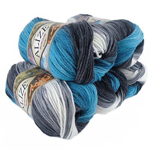 500g Strick-Garn ALIZE BURCUM Batik Strick-Wolle Handstrickgarn, Farbe wählbar, Farbe:4200 weiß-grau-blaugrau-blau von ALIZE BURCUM