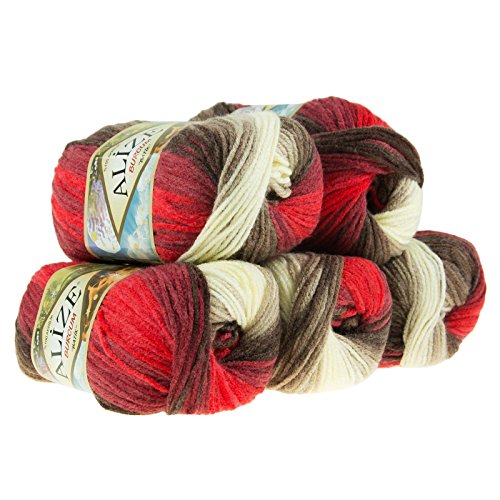 500g Strick-Garn ALIZE BURCUM Batik Strick-Wolle Handstrickgarn, Farbe wählbar, Farbe:4574 rot-braun-creme von ALIZE BURCUM