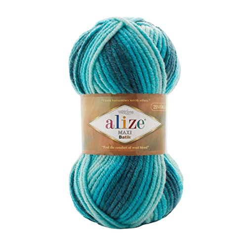 100g Farbverlaufsgarn Alize Superlana Maxi Batik 25% Wolle Winterwolle Häkelgarn mehrfarbig Farbwahl, Farbe:7801 Wellenreiter von maDDma