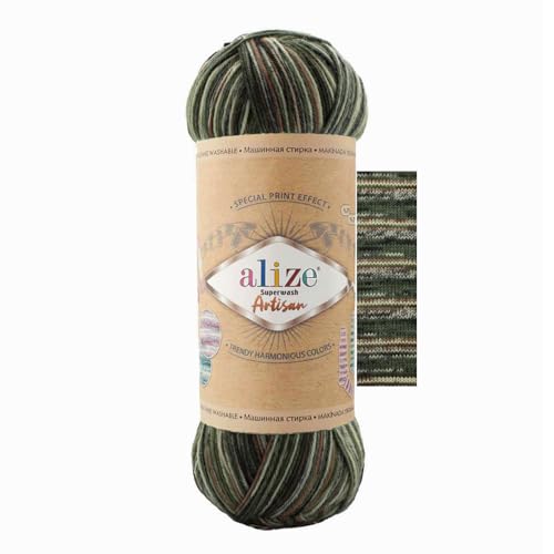 100g Sockenwolle Alize Superwash Artisan 75% Wolle Strickwolle Häkelgarn Farbwahl, Farbe:9014 Waldgeist von maDDma