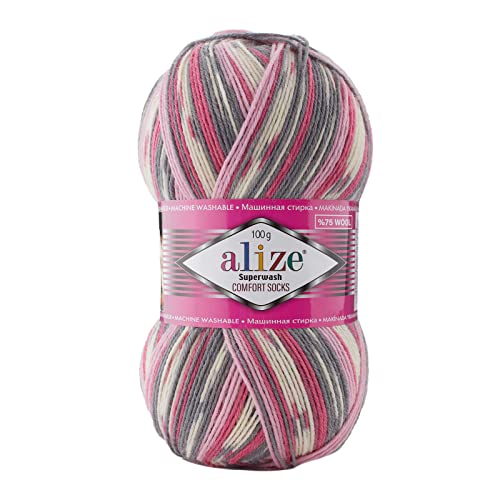 100g Sockenwolle Superwash Comfort 4-fädig Schurwolle Sockengarn Farbauswahl, Farbe:7707 weiß grau rosa von maDDma